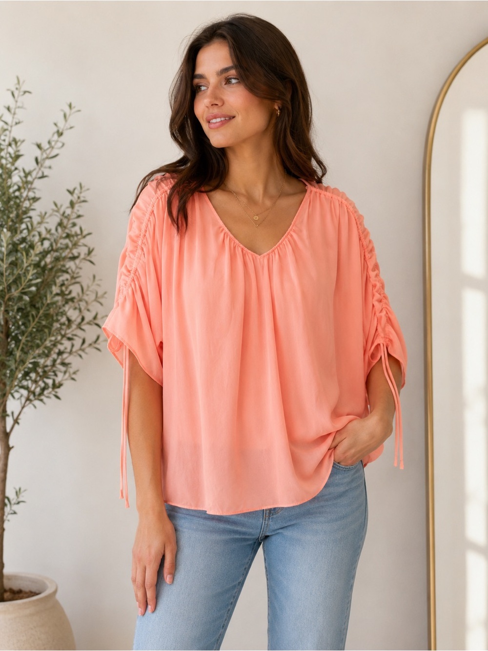 Worthington Woman Peach Chiffon Ruched Sleeve Blouse Flutter Sleeve Top 3X